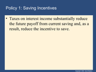 Policy 1: Saving Incentives Taxes on interest income substantially reduce the future payoff from current saving and, as a result, reduce the incentive to save. 