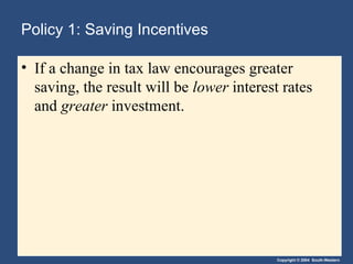 Policy 1: Saving Incentives If a change in tax law encourages greater saving, the result will be  lower  interest rates and  greater  investment. 
