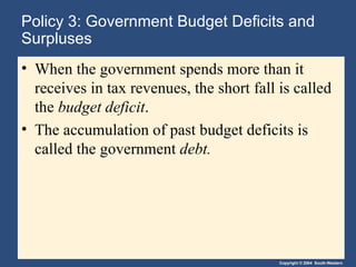 Policy 3: Government Budget Deficits and Surpluses When the government spends more than it receives in tax revenues, the short fall is called the  budget deficit . The accumulation of past budget deficits is called the government  debt. 