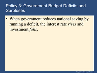 Policy 3: Government Budget Deficits and Surpluses When government reduces national saving by running a deficit, the interest rate  rises  and investment  falls . 