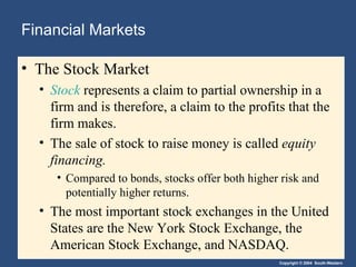 Financial Markets  The Stock Market Stock  represents a claim to partial ownership in a firm and is therefore, a claim to the profits that the firm makes. The sale of stock to raise money is called  equity financing. Compared to bonds, stocks offer both higher risk and potentially higher returns. The most important stock exchanges in the United States are the New York Stock Exchange, the American Stock Exchange, and NASDAQ. 