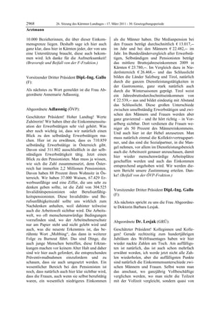 2968               26. Sitzung des Kärntner Landtages - 17. März 2011 - 30. Gesetzgebungsperiode
Arztmann

10.000 Bezieherinnen, die über dieser Einkom-               als die Männer haben. Die Medianpension bei
mensgrenze liegen. Deshalb sage ich hier auch               den Frauen beträgt durchschnittlich € 13.017,--
ganz klar, dass hier in Kärnten jeder, der von uns          im Jahr und bei den Männern € 22.482,-- im
eine Unterstützung braucht, diese auch bekom-               Jahr. Im Bundesländervergleich aller Erwerbstä-
men wird. Ich danke für die Aufmerksamkeit!                 tigen, Selbständigen und Pensionisten beträgt
(Bravorufe und Beifall von der F-Fraktion.)
Arztmann
                                                            das mittlere Bruttojahreseinkommen 2009 in
                                                            Kärnten € 23.780,--. Im Vergleich dazu in Nie-
                                                            derösterreich € 26.468,-- und das Schlusslicht
Vorsitzender Dritter Präsident Dipl.-Ing. Gallo             bilden die Länder Salzburg und Tirol, natürlich
(F):                                                        durch die ganzen Dienstleistungstätigkeiten in
Dipl.-Ing. Gallo                                            der Gastronomie, ganz stark natürlich auch
Als nächstes zu Wort gemeldet ist die Frau Ab-              durch die Wintersaisonen geprägt. Tirol weist
geordnete Annemarie Adlassnig.
Dipl.-Ing. Gallo                                            ein Jahresbruttodurchschnittseinkommen von
                                                            € 22.539,-- aus und bildet eindeutig mit Abstand
                                                            das Schlusslicht. Diese großen Unterschiede
Abgeordnete Adlassnig (ÖVP):                                zwischen unselbständig Erwerbstätigen und zwi-
Adlassnig
                                                            schen den Männern und Frauen werden aber
Geschätzter Präsident! Hoher Landtag! Werte
                                                            ganz gravierend – und ihr hört richtig – in Vor-
Zuhörerin! Wir haben über die Einkommenssitu-
                                                            arlberg sichtbar. Dort verdienen die Frauen we-
ation der Erwerbstätigen sehr viel gehört. Was
                                                            niger als 50 Prozent des Männereinkommens.
aber noch wichtig ist, dass wir natürlich einen
                                                            Und auch hier ist der Hebel anzusetzen. Man
Blick zu den selbständig Erwerbstätigen ma-
                                                            muss natürlich einmal die Kollektivvertragspart-
chen. Hier ist zu erwähnen, dass es 710.859
                                                            ner, und das sind die Sozialpartner, in die Man-
selbständig Erwerbstätige in Österreich gibt.
                                                            gel nehmen, vor allem im Dienstleistungsbereich
Davon sind 311.802 ausschließlich in der selb-
                                                            auch die Arbeitszeit genauer anzuschauen, damit
ständigen Erwerbstätigkeit tätig. Jetzt einen
                                                            hier wieder menschenwürdige Arbeitsplätze
Blick zu den Pensionisten. Man muss ja wissen,
                                                            geschaffen werden und auch das Einkommen
wie sich die Zahl zusammensetzt, denn Öster-
                                                            entsprechend angehoben wird. Wir werden die-
reich hat immerhin 2,2 Millionen Pensionisten.
                                                            sem Bericht unsere Zustimmung erteilen. Dan-
Davon haben 88 Prozent ihren Wohnsitz in Ös-
                                                            ke! (Beifall von der ÖVP-Fraktion.)
terreich. Wir haben 37.000 Waisen, 67.429 Er-               Adlassnig



werbsunfähige und eine Ziffer, die uns sehr zu
denken geben sollte, ist die Zahl von 304.525
Invaliditätspensionisten oder Berufsunfähig-                Vorsitzender Dritter Präsident Dipl.-Ing. Gallo
keitspensionisten. Diese Invaliditäts- und Be-              (F):
                                                            Dipl.-Ing. Gallo
rufsunfähigkeitszahl sollte uns wirklich zum                Als nächstes spricht zu uns die Frau Abgeordne-
Nachdenken anhalten, weil dahinter teilweise                te Doktorin Barbara Lesjak.
                                                            Dipl.-Ing. Gallo
auch die Arbeitswelt sichtbar wird. Die Arbeits-
welt, wo oft menschenunwürdige Bedingungen
vorzufinden sind, wo der Arbeitnehmerschutz                 Abgeordnete Dr. Lesjak (GRÜ):
nur am Papier steht und nicht gelebt wird und               Dr. Lesjak

auch, was die neueste Erkenntnis ist, das be-               Geschätzter Präsident! Kolleginnen und Kolle-
rühmte Wort „Mobbing“, das dann in weiterer                 gen! Gerade rechtzeitig zum hundertjährigen
Folge zu Burnout führt. Das sind Dinge, die                 Jubiläum des Weltfrauentages haben wir hier
auch junge Menschen betreffen, diese Erkran-                wieder nackte Zahlen am Tisch. Am auffälligs-
kungen machen vor keinem Alter Halt und daher               ten ist natürlich, das ist auch schon mehrfach
sind wir hier auch gefordert, die entsprechenden            erwähnt worden, ich werde jetzt nicht alle Zah-
Präventivmaßnahmen einzufordern und zu                      len wiederholen, aber die auffälligsten Punkte
schauen, dass sie auch umgesetzt werden. Ein                sind natürlich die Einkommensunterschiede zwi-
wesentlicher Bereich bei den Pensionisten ist               schen Männern und Frauen. Selbst wenn man
noch, dass natürlich auch hier klar sichtbar wird,          das anschaut, wo ganzjährig Vollbeschäftige
dass die Frauen, auch wenn sie selbst berufstätig           verglichen werden, wo man nicht die Teilzeit
waren, ein wesentlich niedrigeres Einkommen                 mit der Vollzeit vergleicht, sondern quasi von
 