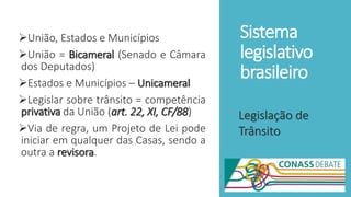 Sistema
legislativo
brasileiro
União, Estados e Municípios
União = Bicameral (Senado e Câmara
dos Deputados)
Estados e Municípios – Unicameral
Legislar sobre trânsito = competência
privativa da União (art. 22, XI, CF/88)
Via de regra, um Projeto de Lei pode
iniciar em qualquer das Casas, sendo a
outra a revisora.
Legislação de
Trânsito
 