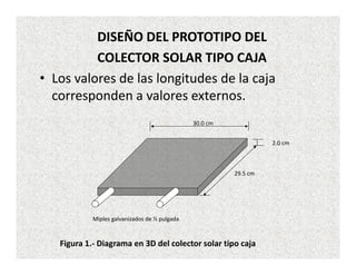 DISEÑO DEL PROTOTIPO DEL
          COLECTOR SOLAR TIPO CAJA
• Los valores de las longitudes de la caja
  corresponden a valores externos.
                                               30.0 cm


                                                                   2.0 cm



                                                         29.5 cm




            Miples galvanizados de ½ pulgada



   Figura 1.- Diagrama en 3D del colector solar tipo caja
 