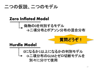 17
二つの仮説、二つのモデル
Zero Inflated Model
Hurdle Model
偽物の0を判別するモデル
→二項分布とポアソン分布の混合分布
0になるか1以上になるかの判別モデル
→二項分布のGLMとゼロ切断モデルを
別々に分...