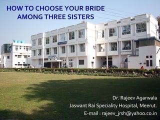 Dr. Rajeev Agarwala
Jaswant Rai Speciality Hospital, Meerut.
E-mail : rajeev_jrsh@yahoo.co.in
HOW TO CHOOSE YOUR BRIDE
AMONG THREE SISTERS
 