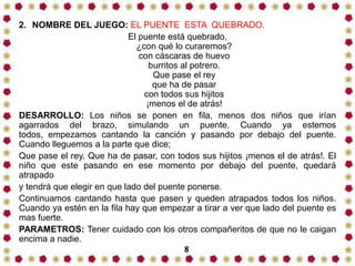 2. NOMBRE DEL JUEGO: EL PUENTE ESTA QUEBRADO.
El puente está quebrado,
¿con qué lo curaremos?
con cáscaras de huevo
burritos al potrero.
Que pase el rey
que ha de pasar
con todos sus hijitos
¡menos el de atrás!
DESARROLLO: Los niños se ponen en fila, menos dos niños que irían
agarrados del brazo, simulando un puente. Cuando ya estemos
todos, empezamos cantando la canción y pasando por debajo del puente.
Cuando lleguemos a la parte que dice;
Que pase el rey. Que ha de pasar, con todos sus hijitos ¡menos el de atrás!. El
niño que este pasando en ese momento por debajo del puente, quedará
atrapado
y tendrá que elegir en que lado del puente ponerse.
Continuamos cantando hasta que pasen y queden atrapados todos los niños.
Cuando ya estén en la fila hay que empezar a tirar a ver que lado del puente es
mas fuerte.
PARAMETROS: Tener cuidado con los otros compañeritos de que no le caigan
encima a nadie.
8

 