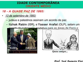 IDADE CONTEMPORÂNEA
ORIENTE MÉDIO

18 - A QUASE PAZ DE 1993:
• 13 de setembro de 1993:
– judeus e palestinos assinam um acordo de paz.
– Itzhak Rabin (ISR), e Yasser Arafat (OLP), selam um
acordo de autonomia gradativa para as áreas de Gaza e
Cisjordânia.CLINTON

RABIN

ARAFAT
Quase amigos...

Prof. José Augusto Fiori

 