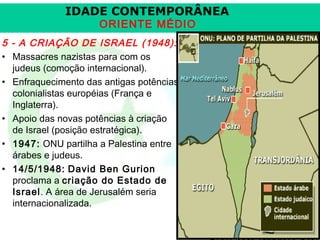 IDADE CONTEMPORÂNEA
ORIENTE MÉDIO

5 - A CRIAÇÃO DE ISRAEL (1948):
• Massacres nazistas para com os
judeus (comoção internacional).
• Enfraquecimento das antigas potências
colonialistas européias (França e
Inglaterra).
• Apoio das novas potências à criação
de Israel (posição estratégica).
• 1947: ONU partilha a Palestina entre
árabes e judeus.
• 14/5/1948: David Ben Gurion
proclama a criação do Estado de
Israel. A área de Jerusalém seria
internacionalizada.

Prof. José Augusto Fiori

 