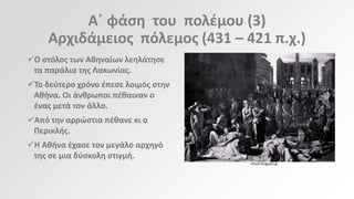 Αϋ φάςθ του πολζμου (3)
Αρχιδάμειοσ πόλεμοσ (431 – 421 π.χ.)
Ο ςτόλοσ των Ακθναίων λεθλάτθςε
τα παράλια τθσ Λακωνίασ.
Το δεφτερο χρόνο ζπεςε λοιμόσ ςτθν
Ακινα. Οι άνκρωποι πζκαιναν ο
ζνασ μετά τον άλλο.
Από τθν αρρϊςτια πζκανε κι ο
Περικλισ.
Η Ακινα ζχαςε τον μεγάλο αρχθγό
τθσ ςε μια δφςκολθ ςτιγμι.
ofisofi.blogspot.gr

 