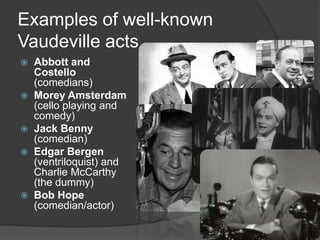 Examples of well-known
Vaudeville acts
 Abbott and
Costello
(comedians)
 Morey Amsterdam
(cello playing and
comedy)
 Jack Benny
(comedian)
 Edgar Bergen
(ventriloquist) and
Charlie McCarthy
(the dummy)
 Bob Hope
(comedian/actor)
 