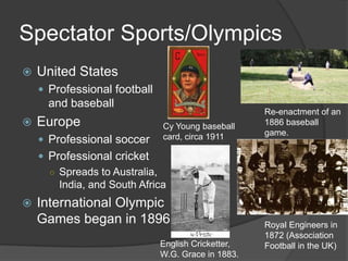 Spectator Sports/Olympics
 United States
 Professional football
and baseball
 Europe
 Professional soccer
 Professional cricket
○ Spreads to Australia,
India, and South Africa
 International Olympic
Games began in 1896
Cy Young baseball
card, circa 1911
Re-enactment of an
1886 baseball
game.
Royal Engineers in
1872 (Association
Football in the UK)English Cricketter,
W.G. Grace in 1883.
 