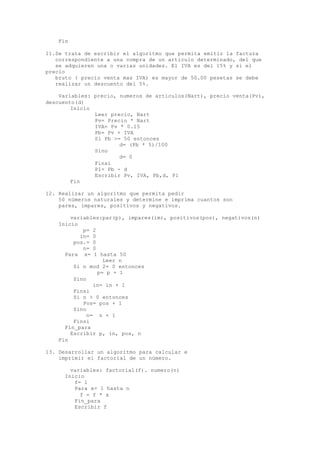 Fin
11.Se trata de escribir el algoritmo que permita emitir la factura
correspondiente a una compra de un articulo determinado, del que
se adquieren una o varias unidades. El IVA es del 15% y si el
precio
bruto ( precio venta mas IVA) es mayor de 50.00 pesetas se debe
realizar un descuento del 5%.
Variables: precio, numeros de articulos(Nart), precio venta(Pv),
descuento(d)
Inicio
Leer precio, Nart
Pv= Precio * Nart
IVA= Pv * 0.15
Pb= Pv + IVA
Si Pb >= 50 entonces
d= (Pb * 5)/100
Sino
d= 0
Finsi
Pl= Pb - d
Escribir Pv, IVA, Pb,d, Pl
Fin
12. Realizar un algoritmo que permita pedir
50 números naturales y determine e imprima cuantos son
pares, impares, positivos y negativos.
variables:par(p), impares(im), positivos(pos), negativos(n)
Inicio
p= 2
in= 0
pos.= 0
n= 0
Para x= 1 hasta 50
Leer n
Si n mod 2= 0 entonces
p= p + 1
Sino
in= in + 1
Finsi
Si n > 0 entonces
Pos= pos + 1
Sino
n= n + 1
Finsi
Fin_para
Escribir p, in, pos, n
Fin
13. Desarrollar un algoritmo para calcular e
imprimir el factorial de un número.
variables: factorial(f). numero(n)
Inicio
f= 1
Para x= 1 hasta n
f = f * x
Fin_para
Escribir f
 