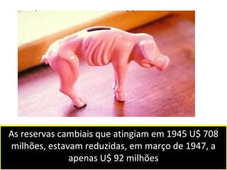 As reservas cambiais que atingiam em 1945 U$ 708 
milhões, estavam reduzidas, em março de 1947, a 
apenas U$ 92 milhões 
 