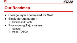 Our Roadmap
● Storage layer specialized for Swift
● Block storage support
○ Cinder and Ceph
● Provisioning Tajo clusters
○ Sahara
○ Heat, TOSCA
 
