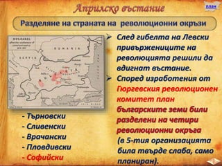  След гибелта на Левски
привържениците на
революцията решили да
вдигнат въстание.
 Според изработения от
Гюргевския революционен
комитет план
(в 5-тия организацията
била твърде слаба, само
планиран).
план
- Търновски
- Сливенски
- Врачански
- Пловдивски
- Софийски
 