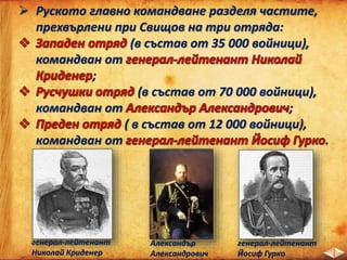  Руското главно командване разделя частите,
прехвърлени при Свищов на три отряда:
(в състав от 35 000 войници),
командван от
;
(в състав от 70 000 войници),
командван от ;
( в състав от 12 000 войници),
командван от .
генерал-лейтенант
Николай Криденер
Александър
Александрович
генерал-лейтенант
Йосиф Гурко
 