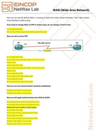WAN (Wide Area Network)
Here we can see By default HDLC is running on both the routers Serial interfaces. That’s why routers
serial interface is able to ping.
If we want to change HDLC to PPP or Frame-realy, we can change it from it here
R1 (config) #int s0/0
R1 (config-if) #encapsulation hdlc/ppp/frame-realy
Now we will use here PPP
R1 (config) #int s0/0
R1 (config-if) #ip add 192.168.1.1 255.255.255.0
R1#no shut
R2 (config) #int s0/0
R2 (config-if) #ip add 192.168.1.2 255.255.255.0
R2#no shut
R1 (config) #int s0/0
R1 (config-if) #encapsulation ppp
R2 (config) #int s0/0
R2 (config-if) #encapsulation ppp
Here we can see communication would be established
R1#ping 192.168.1.2 Successful
R2#ping 192.168.1.1 Successful
Now we will apply Authentication here (PAP & CHAP)
R1 (config) #username R2 password cisco
R2 (config) #username R1 password cisco
(Password must match on both sides)
R1 (config) #int s0/0
R1 (config-if) #ppp authentication chap
R2 (config) #int s0/0
R2 (config-if) #ppp authentication chap
R1#ping 192.168.1.2 successful
R2#ping 192.168.1.1 successful
Figure 6 Topology
 
