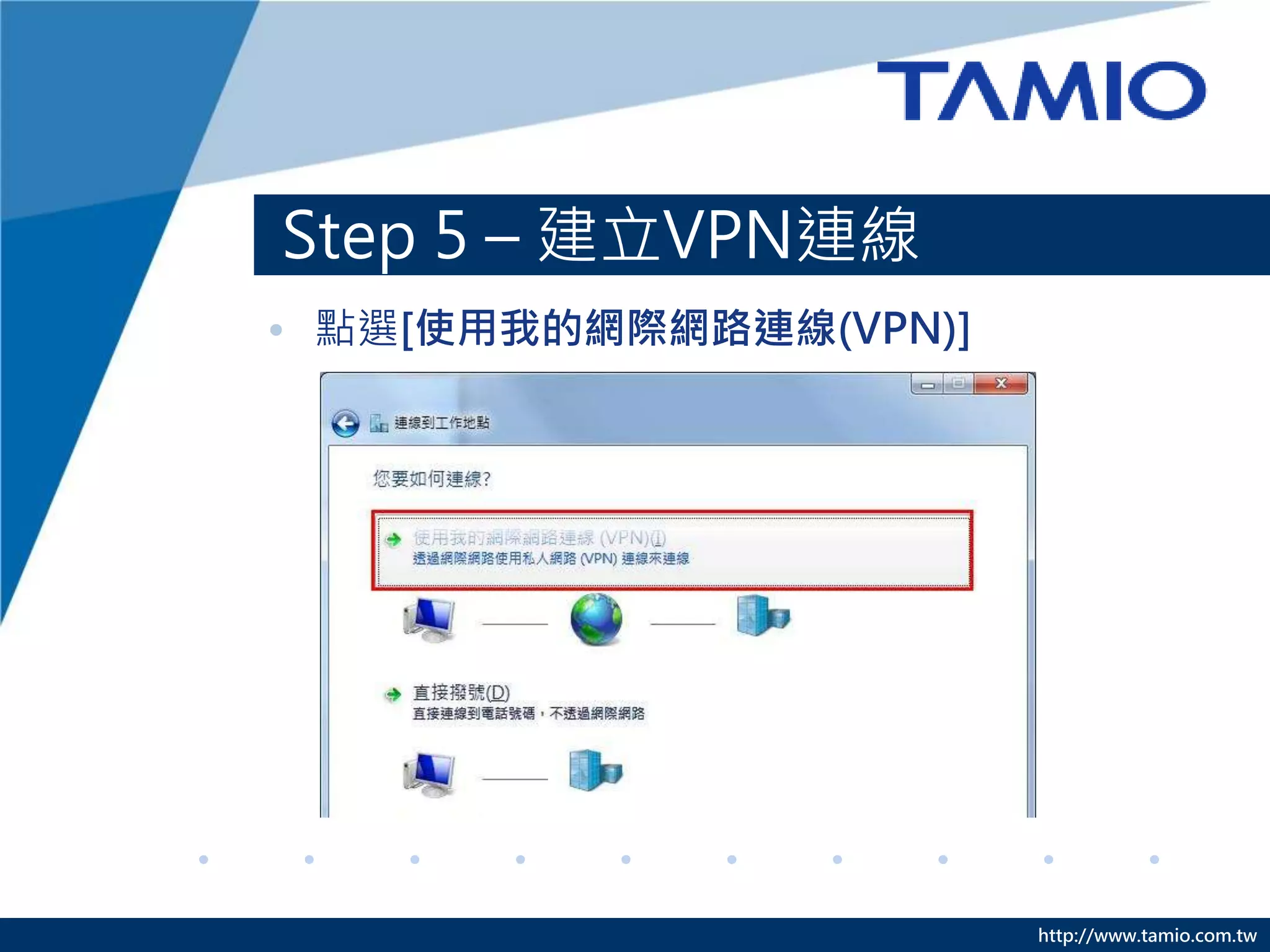http://www.tamio.com.tw
Step 5 – 建立VPN連線
• 點選[使用我的網際網路連線(VPN)]
 