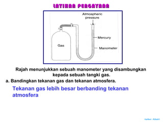Author : Khairi
LATIHAN PENGAYAANLATIHAN PENGAYAAN
Rajah menunjukkan sebuah manometer yang disambungkan
kepada sebuah tangki gas.
a. Bandingkan tekanan gas dan tekanan atmosfera.
Tekanan gas lebih besar berbanding tekanan
atmosfera
 