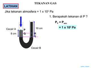 Author : Khairi
LATIHAN
Jika tekanan atmosfera = 1 x 105
Pa
10 cm
Cecair B
Cecair A
8 cm
P
Q
S
R
T
1. Berapakah tekanan di P ?
PP = Patm
= 1 x 105
Pa
TEKANAN GAS
 