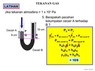 Author : Khairi
Jika tekanan atmosfera = 1 x 105
Pa
10 cm
Cecair B
Cecair A
8 cm
P
Q
S
R
T
5. Berapakah pecahan
ketumpatan cecair A terhadap
B ?
PS = PT
Patm + Pdlm cecair A = Patm + Pdlm cecair B
Pdlm cecair A = Pdlm cecair B
hAρAg = hBρBg
hAρA = hBρB
ρA/ρB = hB/hA
= 10/8
LATIHAN
TEKANAN GAS
 