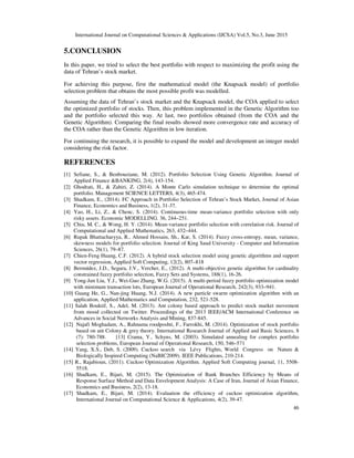 International Journal on Computational Sciences & Applications (IJCSA) Vol.5, No.3, June 2015
46
5.CONCLUSION
In this paper, we tried to select the best portfolio with respect to maximizing the profit using the
data of Tehran’s stock market.
For achieving this purpose, first the mathematical model (the Knapsack model) of portfolio
selection problem that obtains the most possible profit was modelled.
Assuming the data of Tehran’s stock market and the Knapsack model, the COA applied to select
the optimized portfolio of stocks. Then, this problem implemented in the Genetic Algorithm too
and the portfolio selected this way. At last, two portfolios obtained (from the COA and the
Genetic Algorithm). Comparing the final results showed more convergence rate and accuracy of
the COA rather than the Genetic Algorithm in low iteration.
For continuing the research, it is possible to expand the model and development an integer model
considering the risk factor.
REFERENCES
[1] Sefiane, S., & Benbouziane, M. (2012). Portfolio Selection Using Genetic Algorithm. Journal of
Applied Finance &BANKING, 2(4), 143-154.
[2] Ghodrati, H., & Zahiri, Z. (2014). A Monte Carlo simulation technique to determine the optimal
portfolio. Management SCIENCE LETTERS, 4(3), 465-474.
[3] Shadkam, E., (2014). FC Approach in Portfolio Selection of Tehran’s Stock Market, Journal of Asian
Finance, Economics and Business, 1(2), 31-37.
[4] Yao, H., Li, Z., & Chenc, S. (2014). Continuous-time mean-variance portfolio selection with only
risky assets. Economic MODELLING. 36, 244–251.
[5] Chiu, M. C., & Wong, H. Y. (2014). Mean-variance portfolio selection with correlation risk. Journal of
Computational and Applied Mathematics, 263, 432–444.
[6] Rupak Bhattacharyya, R., Ahmed Hossain, Sh., Kar, S. (2014). Fuzzy cross-entropy, mean, variance,
skewness models for portfolio selection. Journal of King Saud University - Computer and Information
Sciences, 26(1), 79–87.
[7] Chien-Feng Huang, C.F. (2012). A hybrid stock selection model using genetic algorithms and support
vector regression, Applied Soft Computing, 12(2), 807–818
[8] Bermúdez, J.D., Segura, J.V., Vercher, E., (2012). A multi-objective genetic algorithm for cardinality
constrained fuzzy portfolio selection, Fuzzy Sets and Systems, 188(1), 16-26.
[9] Yong-Jun Liu, Y.J., Wei-Guo Zhang, W.G. (2015). A multi-period fuzzy portfolio optimization model
with minimum transaction lots, European Journal of Operational Research, 242(3), 933–941.
[10] Guang He, G., Nan-jing Huang, N.J. (2014). A new particle swarm optimization algorithm with an
application, Applied Mathematics and Computation, 232, 521-528.
[11] Salah Bouktif, S., Adel, M. (2013). Ant colony based approach to predict stock market movement
from mood collected on Twitter. Proceedings of the 2013 IEEE/ACM International Conference on
Advances in Social Networks Analysis and Mining, 837-845.
[12] Najafi Moghadam, A., Rahnama roodposhti, F., Farrokhi, M. (2014). Optimization of stock portfolio
based on ant Colony & grey theory. International Research Journal of Applied and Basic Sciences, 8
(7): 780-788. [13] Crama, Y., Schyns, M. (2003). Simulated annealing for complex portfolio
selection problems, European Journal of Operational Research, 150, 546–571
[14] Yang, X.S., Deb, S. (2009). Cuckoo search via Lévy Flights, World Congress on Nature &
Biologically Inspired Computing (NaBIC2009). IEEE Publications, 210-214.
[15] R., Rajabioun, (2011). Cuckoo Optimization Algorithm. Applied Soft Computing journal, 11, 5508-
5518.
[16] Shadkam, E., Bijari, M. (2015). The Optimization of Bank Branches Efficiency by Means of
Response Surface Method and Data Envelopment Analysis: A Case of Iran, Journal of Asian Finance,
Economics and Business, 2(2), 13-18.
[17] Shadkam, E., Bijari, M. (2014). Evaluation the efficiency of cuckoo optimization algorithm,
International Journal on Computational Science & Applications, 4(2), 39-47.
 