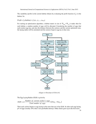 International Journal on Computational Sciences & Applications (IJCSA) Vol.5, No.3, June 2015
39
The suitability (profit) in the current habitat obtains by evaluating the profit function ( pf ) in the
habitat. So:
Profit = f b(habitat) = f b(x1 ,x2 ,...,xNvar)
For starting an optimization algorithm, a habitat matrix in size of pop varN N∗ is made, then for
each habitat, a random number of eggs will be allocated. Considering the number of eggs that
each cuckoo egg lays and also the distance between the cuckoos and the current optimized zone,
the laying radius will be calculated and the cuckoos begin to egg lay in that zone.
<Figure 1> Flowchart of COA [15]
The Egg Laying Radius (ELR) is given by
( )
'
hi low
Number of current cuckoo s eggs
ELR a Var Var
Total number of eggs
= × × −
Then each cuckoo begins to egg laying in the nests that are in her ELR. So after each egg laying,
p% of eggs (usually 10%) that is less profitable destroys. Other chicks grow up in the host nests.
 