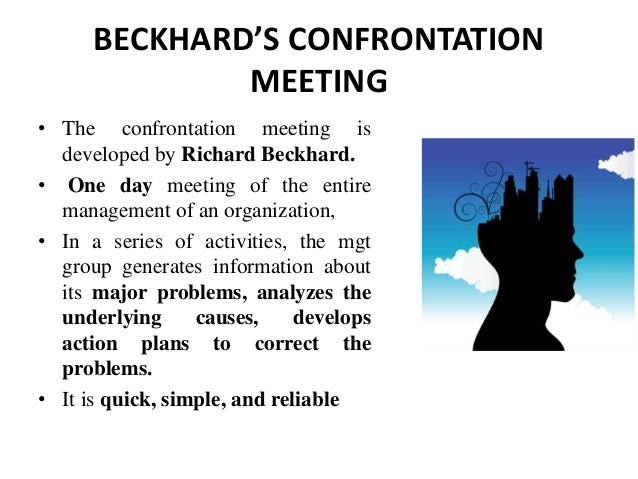 organization confrontation meeting Confrontation meeting he confrontation meeting is an intervention designed to mobilize the resources of the entire organization to identify problems, set priorities and action. organization confrontation meeting Confrontation meeting he confrontation meeting is an intervention designed to mobilize the resources of the entire organization to identify problems, set priorities and action.
