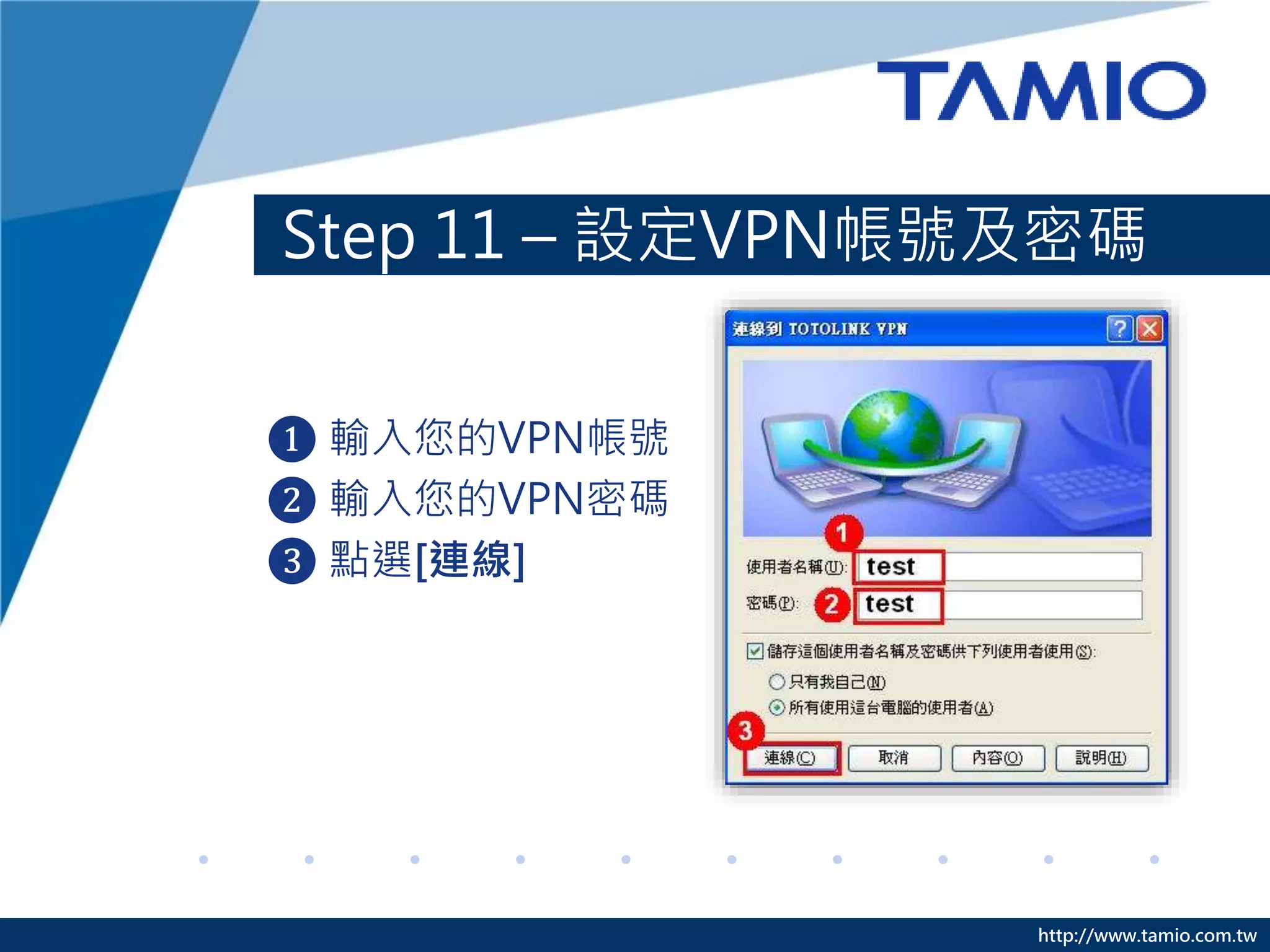 http://www.tamio.com.tw
Step 11 – 設定VPN帳號及密碼
❶ 輸入您的VPN帳號
❷ 輸入您的VPN密碼
❸ 點選[連線]
 