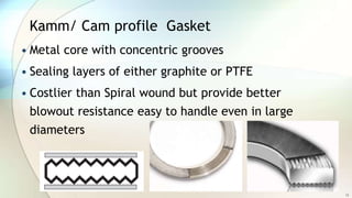 Kamm/ Cam profile Gasket
• Metal core with concentric grooves
• Sealing layers of either graphite or PTFE
• Costlier than Spiral wound but provide better
blowout resistance easy to handle even in large
diameters
12
 