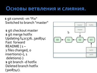 $ git commit –m “Fix”
Switched to branch "master“
$ git checkout master
$ git merge hotfix
Updating f42c576..3a0874c
Fast forward
README | 1 –
1 files changed, 0
insertions(+), 1
deletions(-)
$ git branch -d hotfix
Deleted branch hotfix
(3a0874c).
 