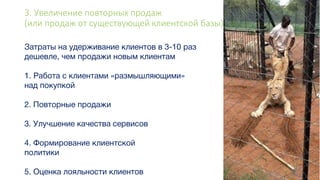 3. Увеличение повторных продаж
(или продаж от существующей клиентской базы)
 