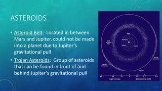 ASTEROIDS
• Asteroid Belt: Located in between
Mars and Jupiter, could not be made
into a planet due to Jupiter’s
gravitational pull
• Trojan Asteroids: Group of asteroids
that can be found in front of and
behind Jupiter’s gravitational pull
 