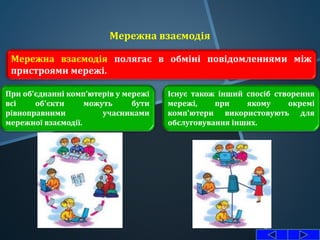 Мережна взаємодія
Мережна взаємодія полягає в обміні повідомленнями між
пристроями мережі.
При об'єднанні комп’ютерів у мережі
всі об'єкти можуть бути
рівноправними учасниками
мережної взаємодії.
Існує також інший спосіб створення
мережі, при якому окремі
комп'ютери використовують для
обслуговування інших.
 