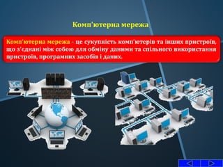 Комп'ютерна мережа
Комп'ютерна мережа - це сукупність комп'ютерів та інших пристроїв,
що з'єднані між собою для обміну даними та спільного використання
пристроїв, програмних засобів і даних.
 