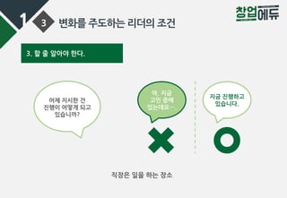 1 3 변화를 주도하는 리더의 조건
3. 할 줄 알아야 한다.
직장은 일을 하는 장소
어제 지시한 건
진행이 어떻게 되고
있습니까?
지금 진행하고
있습니다.
아, 지금
고민 중에
있는데요….
 