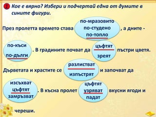 1 Кое е вярно? Избери и подчертай една от думите в
сините фигури.
През пролетта времето става , а дните -
по-мразовито
по-студено
по-топло
. В градините почват да пъстри цветя.
Дърветата и храстите се и започват да
. В късна пролет вкусни ягоди и
череши.
по-къси
по-дълги
цъфтят
зреят
разлистват
изпъстрят
изсъхват
цъфтят
замръзват
цъфтят
узряват
падат
 