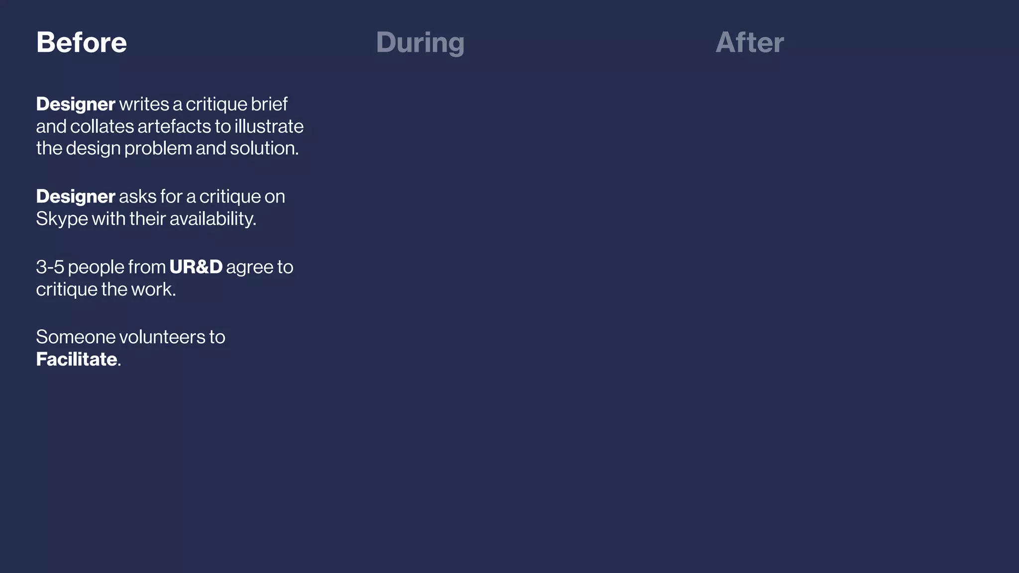 Designer writes a critique brief
and collates artefacts to illustrate
the design problem and solution.
Designer asks for a critique on
Skype with their availability.
3-5 people from UR&D agree to
critique the work.
Someone volunteers to
Facilitate.
Before During After
 