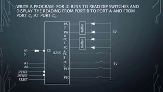 WRITE A PROGRAM FOR IC 8255 TO READ DIP SWITCHES AND
DISPLAY THE READING FROM PORT B TO PORT A AND FROM
PORT 𝐶𝐿 AT PORT 𝐶 𝑈
8255
BufferBuffer
5V
5V
CSA1
5
A1
A0
𝑀𝐸𝑀𝑅
𝑀𝐸𝑀𝑊
RESET
PA
7
PA
0
PC
7
PC
4
PC
3
PC
0
PB7
PB0
 
