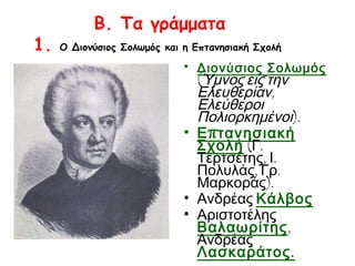 1.

Β. Τα γράμματα
Ο Διονύσιος Σολωμός και η Επτανησιακή Σχολή

 

• Διονύσιος Σολωμός

(Ύμνος εις την
Ελευθερίαν,
Ελεύθεροι
Πολιορκημένοι).
• Ε π τανησιακή
Σχολή (Γ.
Τερτσέτης, Ι.
Πολυλάς, Γρ.
Μαρκοράς).
• Ανδρέας Κάλβος
• Αριστοτέλης
Βαλαωρίτης,
Ανδρέας
Λασκαράτος .

 