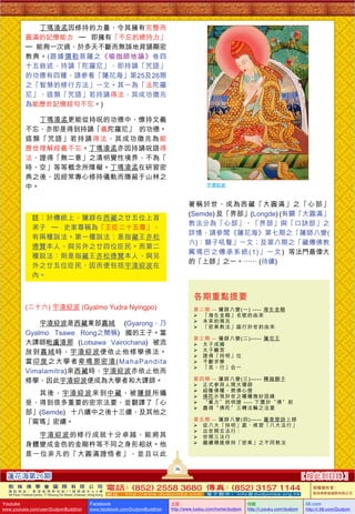 丁瑪渣孟因修持的力量，令其擁有完整而
圓滿的記憶能力 – 即擁有「不忘的總持力」
– 能夠一次過，於多天不斷而無誤地背誦顯密
教典。(跟據彌勒菩薩之《瑜伽師地論》卷四
十五敘述，持誦「陀羅尼」，即持誦「咒語」
的功德有四種，請參看「蓮花海」第25及26期
之「智慧的修行方法」一文。其一為「法陀羅
尼」，這類「咒語」若持誦得法，其成功徵兆
為能歷世記憶經句不忘。)
丁瑪渣孟更能從持呪的功德中，憶持文義
不忘，亦即是得到持誦「義陀羅尼」 的功德。
這類「咒語」若持誦得法，其成功徵兆為能
歷世理解經義不忘。丁瑪渣孟亦因持誦呪語得
法，證得「無二意」之清明覺性境界，不為「
時、空」等等概念所障礙。丁瑪渣孟在研習密
典之後，因經常專心修持儀軌而隱蔽于山林之
中。

宇渣迎波

著稱於世，成為西藏「大圓滿」之「心部」
(Semde) 及「界部」(Longde) (有關「大圓滿」
教法分為「心部」、「界部」與「口訣部」之
詳情，請參閱《蓮花海》第七期之「蓮師八變(
六)：獅子吼聲」一文；及第八期之「藏傳佛教
寗瑪巴之傳承系統(1)」一文) 等法門最偉大
的「上師」之一。…… (待續)

註：於傳統上，蓮師在西藏之廿五位上首
弟子 – 史家尊稱為「王臣二十五尊」，
有兩種說法。第一種說法：是指藏王赤松
德贊本人、與另外之廿四位臣民。而第二
種說法：則是指藏王赤松德贊本人、與另
外之廿五位臣民，因而便包括宇渣迎波在
內。

各期重點提要

(二十六) 宇渣迎波 (Gyalmo Yudra Nyingpo)

第 二 期 - - 蓮 師 八 變 (一) - - - - 海 生 金 剛
 「海生金剛」名號的由來
 未來的預兆
 「密乘教法」盛行於世的由來

宇渣迎波是西藏東部嘉絨 (Gyarong，乃
Gyalmo Tsawe Rong之簡稱) 國的王子。當
大譯師毗盧渣那 (Lotsawa Vairochana) 被流
放到嘉絨時，宇渣迎波便依止他修學佛法。
當印度之大學者卑嗎那密渣(MahaPandita
Vimalamitra)來西藏時，宇渣迎波亦依止他而
修學，因此宇渣迎波便成為大學者和大譯師。

第 三 期 - - 蓮 師 八 變 (二) - - - - - 蓮 花 王
 太子成婚
 太子離宮
 證得「持明」位
 不斷求學
 「見、行」合一
第 四 期 - - 蓮 師 八 變 (三) - - - - - 釋 迦 獅 子
 正式參拜人間大導師
 紹隆佛種、燃佛心燈
 佛陀示現於世之種種微妙因緣
 “業 力 ” 的 明 證 - - - - 下 墮 於 “ 佛 ” 前
 盡得〝佛陀〞三轉法輪之法要

其後，宇渣迎波來到中藏，被蓮師所攝
受，得到很多重要的密宗法要，並翻譯了「心
部」(Semde) 十八續中之後十三續，及其他之
「甯瑪」密續。

第 五 期 - - 蓮 師 八 變 (四) - - - - - 羅 登 楚 詩 上 師
 從八大「持明」處，修習「八大法行」
 出世間五法行：
 世間三法行
 繼續精進修持「密乘」之不同教法

宇渣迎波的修行成就十分卓越，能將其
身體變成金色的金剛杵等不同之身形相狀。他
是一位非凡的「大圓滿證悟者」，並且以此
36

蓮花海第26期
敦 珠 佛 學 會 國 際 有 限 公 司
通 訊 地 址 ： 香 港 柴 灣 常 安 街 7 7 號 發 達 中 心 4 樓

4th Floor, Federal Centre, 77 Sheung On Street, Chaiwan, Hong Kong

Youtube

www.youtube.com/user/DudjomBuddhist

[ 按此到目錄 ]

電話 (852) 2558 3680 傳真 (852) 3157 1144
：
：
網 址 ：http://www.dudjomba.com

Facebook

www.facebook.com/DudjomBuddhist

電 子 郵 件 ： info@dudjomba.org.hk

土豆
http://www.tudou.com/home/dudjom

优酷
http://i.youku.com/dudjom

版權擁有者：
敦珠佛學會國際有限公司

56.com

http://i.56.com/Dudjom

 