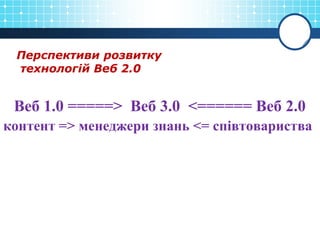 Перспективи розвитку
технологій Веб 2.0
Веб 1.0 =====> Веб 3.0 <====== Веб 2.0
контент => менеджери знань <= співтовариства
 