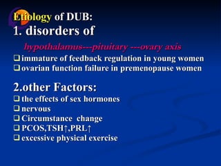 Etiology  of DUB: 1.  disorders of   hypothalamus---pituitary ---ovary axis immature of feedback regulation in young women ovarian function failure in premenopause women 2.other Factors: the effects of sex hormones  nervous Circumstance  change PCOS,TSH ↑,PRL↑ excessive physical exercise 