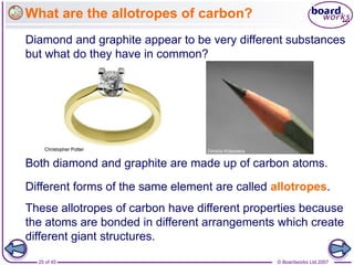 © Boardworks Ltd 2007
25 of 45
What are the allotropes of carbon?
Diamond and graphite appear to be very different substances
but what do they have in common?
Both diamond and graphite are made up of carbon atoms.
These allotropes of carbon have different properties because
the atoms are bonded in different arrangements which create
different giant structures.
Different forms of the same element are called allotropes.
 