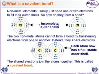 © Boardworks Ltd 2007
5 of 45
What is a covalent bond?
Non-metal elements usually just need one or two electrons
to fill their outer shells. So how do they form a bond?
The shared electrons join the atoms together. This is called
a covalent bond.
The two non-metal atoms cannot form a bond by transferring
electrons from one to another. Instead, they share electrons.
Each atom now
has a full, stable
outer shell.
incomplete
outer shells
Cl
Cl
Cl
Cl
 