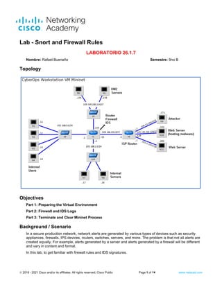 © 2018 - 2021 Cisco and/or its affiliates. All rights reserved. Cisco Public Page 1 of 14 www.netacad.com
Lab - Snort and Firewall Rules
LABORATORIO 26.1.7
Nombre: Rafael Buenaño Semestre: 9no B
Topology
Objectives
Part 1: Preparing the Virtual Environment
Part 2: Firewall and IDS Logs
Part 3: Terminate and Clear Mininet Process
Background / Scenario
In a secure production network, network alerts are generated by various types of devices such as security
appliances, firewalls, IPS devices, routers, switches, servers, and more. The problem is that not all alerts are
created equally. For example, alerts generated by a server and alerts generated by a firewall will be different
and vary in content and format.
In this lab, to get familiar with firewall rules and IDS signatures.
 