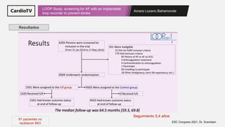 Ainara Lozano Bahamonde
LOOP Study: screening for AF with an implantable
loop recorder to prevent stroke
ESC Congress 2021, Dr. Svendsen
Resultados
81 pacientes no
recibieron MCI
Seguimiento 5,4 años
 