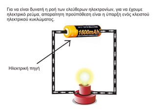 Για να είναι δυνατή η ροή των ελεύθερων ηλεκτρονίων, για να έχουμε
ηλεκτρικό ρεύμα, απαραίτητη προϋπόθεση είναι η ύπαρξη ενός κλειστού
ηλεκτρικού κυκλώματος.
Ηλεκτρική πηγή
 