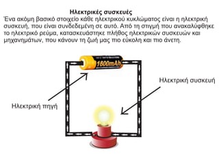 Hλεκτρικές συσκευές
Ένα ακόμη βασικό στοιχείο κάθε ηλεκτρικού κυκλώματος είναι η ηλεκτρική
συσκευή, που είναι συνδεδεμένη σε αυτό. Από τη στιγμή που ανακαλύφθηκε
το ηλεκτρικό ρεύμα, κατασκευάστηκε πλήθος ηλεκτρικών συσκευών και
μηχανημάτων, που κάνουν τη ζωή μας πιο εύκολη και πιο άνετη.
Ηλεκτρική πηγή
Ηλεκτρική συσκευή
 
